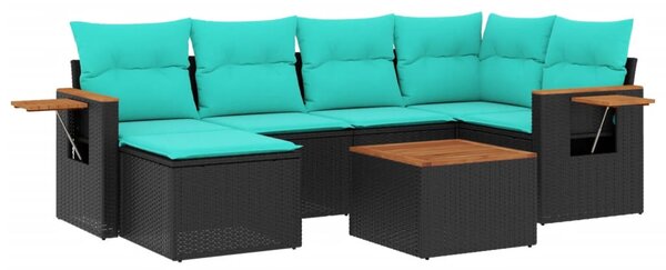 7 részes fekete polyrattan kerti ülőgarnitúra párnákkal