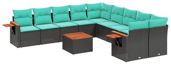 11 részes fekete polyrattan kerti ülőgarnitúra párnákkal