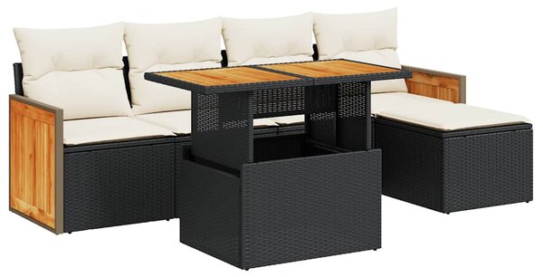 6 részes fekete polyrattan akácfa kerti ülőgarnitúra párnákkal