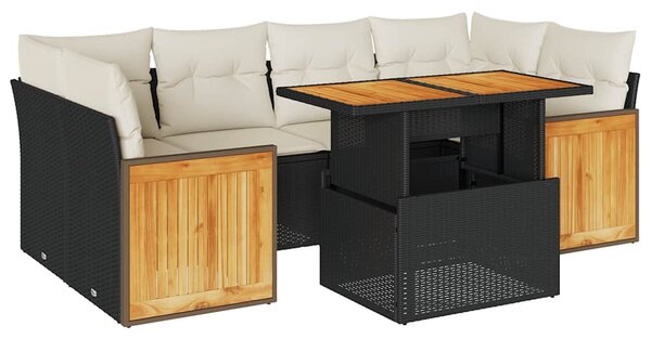 7 részes fekete polyrattan akácfa kerti ülőgarnitúra párnával