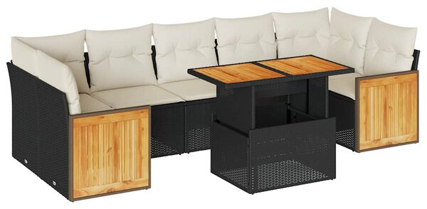 8 részes fekete polyrattan akácfa kerti ülőgarnitúra párnákkal