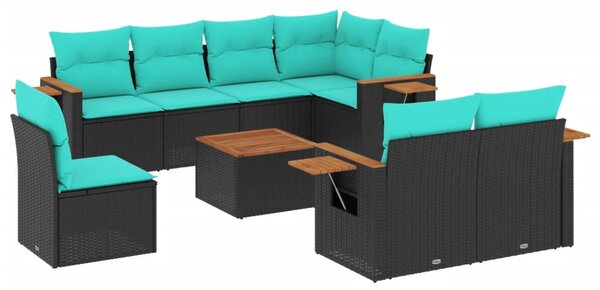 9 részes fekete polyrattan kerti ülőgarnitúra párnával