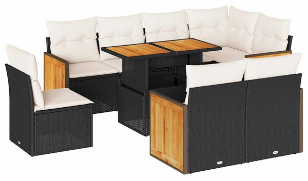 9 részes fekete polyrattan akácfa kerti ülőgarnitúra párnákkal