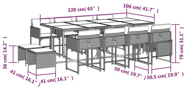 13 részes bézs polyrattan kerti étkezőgarnitúra párnákkal
