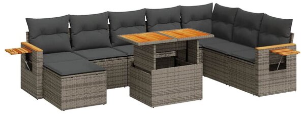 9 részes szürke polyrattan akácfa kerti ülőgarnitúra párnákkal