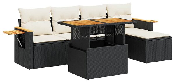 6 részes fekete polyrattan akácfa kerti ülőgarnitúra párnákkal