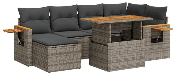 7 részes szürke polyrattan akácfa kerti ülőgarnitúra párnákkal