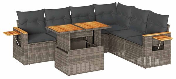 7 részes szürke polyrattan akácfa kerti ülőgarnitúra párnákkal