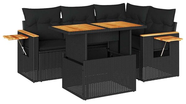 5 részes fekete polyrattan akácfa kerti kanapészett párnákkal