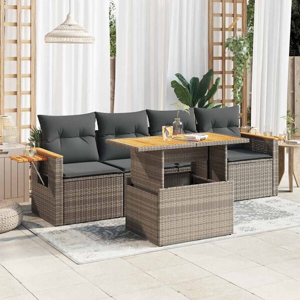5 részes szürke polyrattan akácfa kerti ülőgarnitúra párnákkal