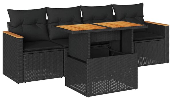 5 részes fekete polyrattan akácfa kerti kanapészett párnákkal