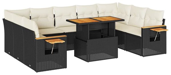 10 részes fekete polyrattan akácfa kerti ülőgarnitúra párnákkal