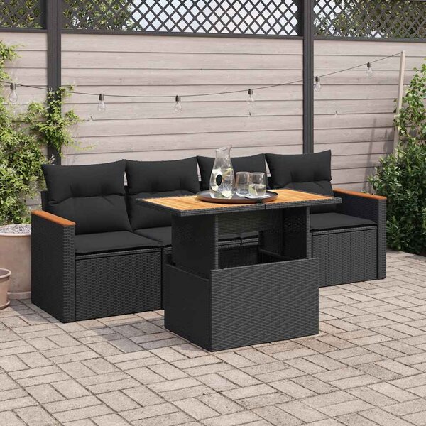 5 részes fekete polyrattan akácfa kerti kanapészett párnákkal