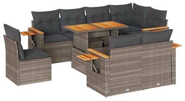 9 részes szürke polyrattan akácfa kerti ülőgarnitúra párnákkal