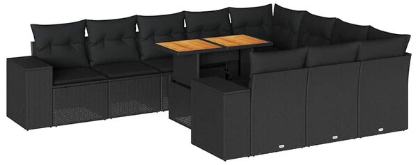 10 részes fekete polyrattan akácfa kerti ülőgarnitúra párnákkal