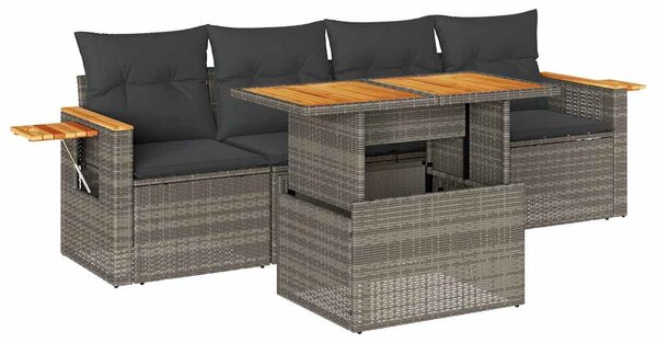 5 részes szürke polyrattan akácfa kerti ülőgarnitúra párnákkal