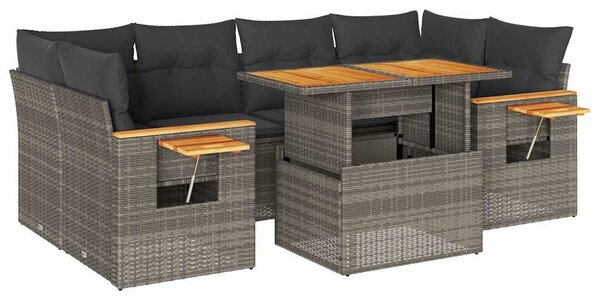 7 részes szürke polyrattan akácfa kerti ülőgarnitúra párnákkal