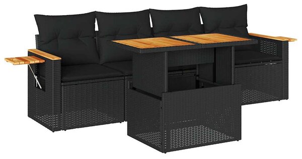 5 részes fekete polyrattan akácfa kerti kanapészett párnákkal