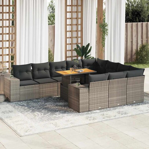 10 részes szürke polyrattan akácfa kerti ülőgarnitúra párnákkal