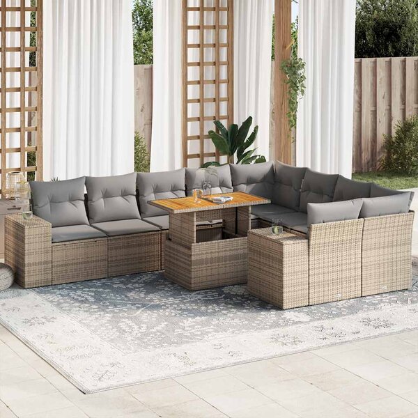 10 részes bézs polyrattan akácfa kerti ülőgarnitúra párnával