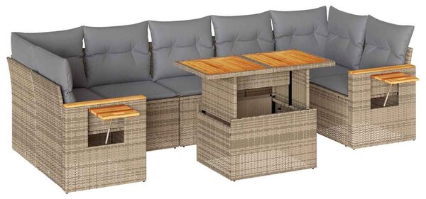 8 részes bézs polyrattan akácfa kerti ülőgarnitúra párnával