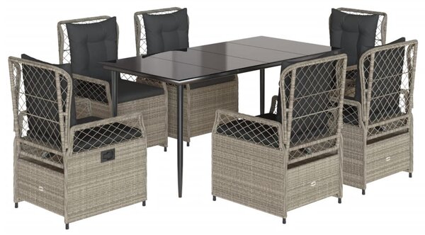 7 részes világosszürke polyrattan kerti étkezőszett párnával