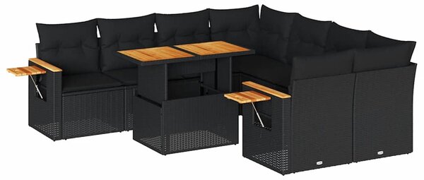 9 részes fekete polyrattan akácfa kerti ülőgarnitúra párnákkal