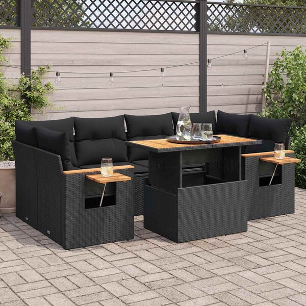 7 részes fekete polyrattan akácfa kerti ülőgarnitúra párnával