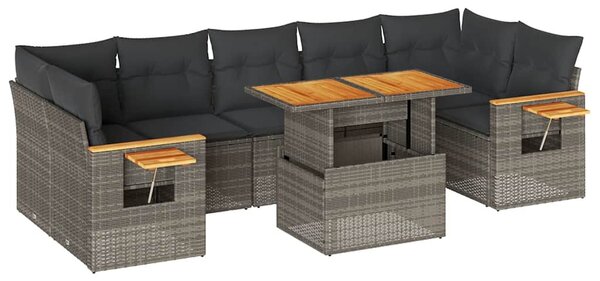 8 részes szürke polyrattan akácfa kerti ülőgarnitúra párnákkal