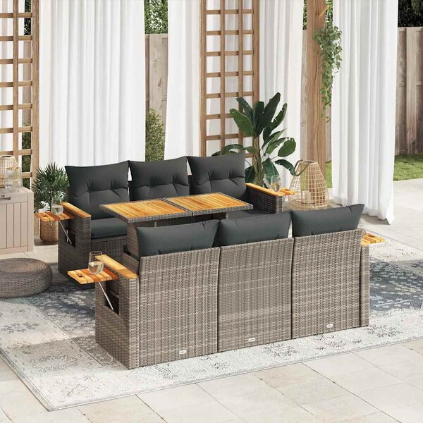 7 részes szürke polyrattan akácfa kerti ülőgarnitúra párnákkal