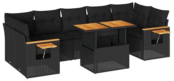 8 részes fekete polyrattan akácfa kerti ülőgarnitúra párnákkal