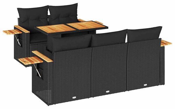6 részes fekete polyrattan akácfa kerti ülőgarnitúra párnákkal