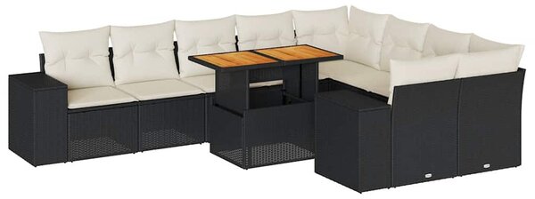 10 részes fekete polyrattan akácfa kerti ülőgarnitúra párnákkal