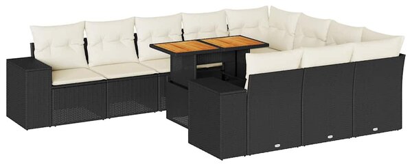 10 részes fekete polyrattan akácfa kerti ülőgarnitúra párnákkal