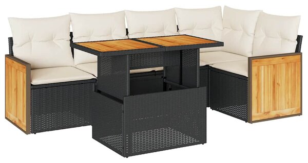 6 részes fekete polyrattan akácfa kerti ülőgarnitúra párnákkal
