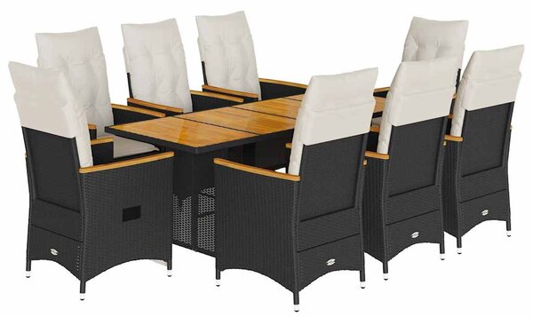 9 részes fekete polyrattan kerti étkezőgarnitúra párnákkal