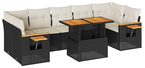 8 részes fekete polyrattan akácfa kerti ülőgarnitúra párnákkal