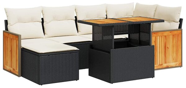 7 részes fekete polyrattan akácfa kerti ülőgarnitúra párnával