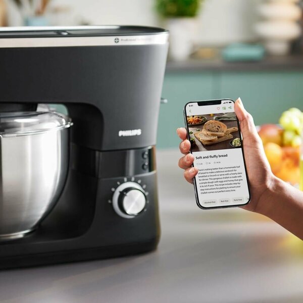 Philips seria 7000 konyhai robotgép - 5,5 literes, 1000 watt, 8 sebességes, ProKnead technológia, receptek, LED Smart Timer, dagasztókar, habverő és habverő (HR7962/01)