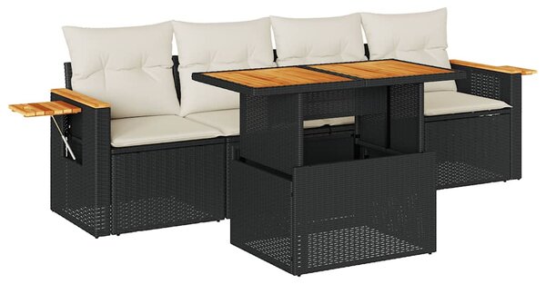 5 részes fekete polyrattan akácfa kerti kanapészett párnákkal