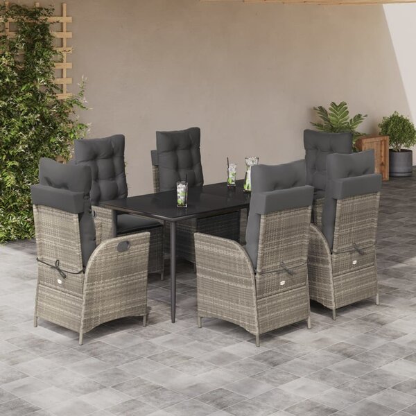 7 részes világosszürke polyrattan kerti étkezőszett párnával