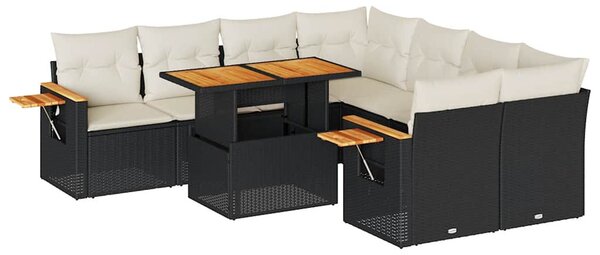 9 részes fekete polyrattan akácfa kerti ülőgarnitúra párnákkal