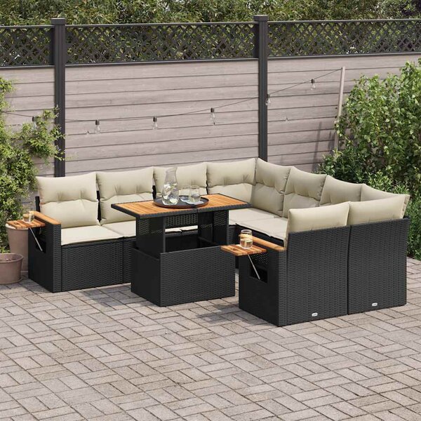 9 részes fekete polyrattan akácfa kerti ülőgarnitúra párnákkal