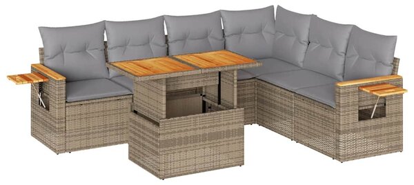 7 részes bézs polyrattan akácfa kerti ülőgarnitúra párnákkal
