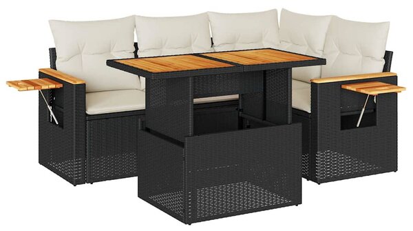 5 részes fekete polyrattan akácfa kerti kanapészett párnákkal