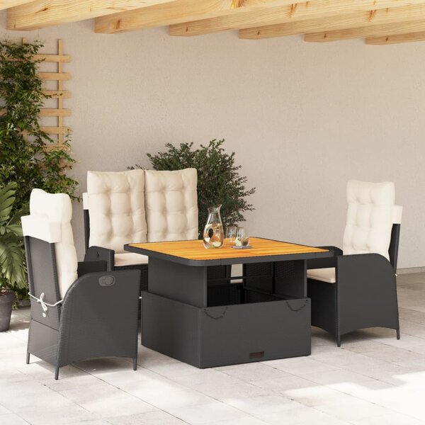 4 részes fekete polyrattan kerti étkezőszett párnákkal