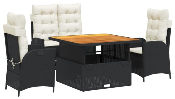 4 részes fekete polyrattan kerti étkezőszett párnákkal