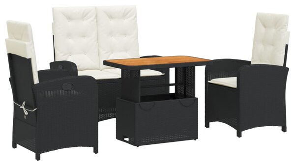 4 részes fekete polyrattan kerti étkezőszett párnákkal