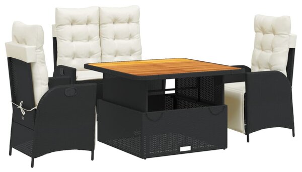 4 részes fekete polyrattan kerti étkezőszett párnákkal