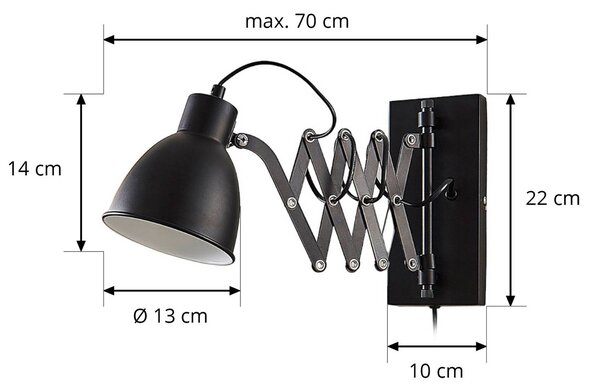 Lindby Merle fali lámpa, fekete, 60 cm, olvasólámpa, kihúzható, Fekete, Hálószoba, fém, Modern